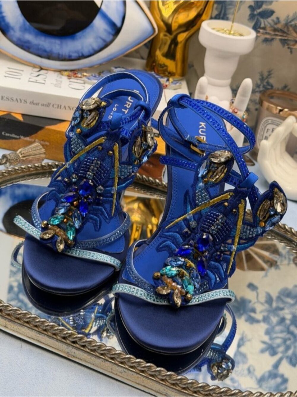 🆕 KURT GEIGER LONDON 🧿 NWOB Lobster Ankle Strap Satin Sandal, Blue - Sz 37 US7 - Picture 15 of 16